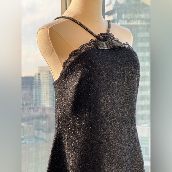 🆕 SELF-PORTRAIT 🧿 NWOT Black Tinsel Boucle Halter Mini Dress, Sz UK 12 US 8 - Picture 9 of 16